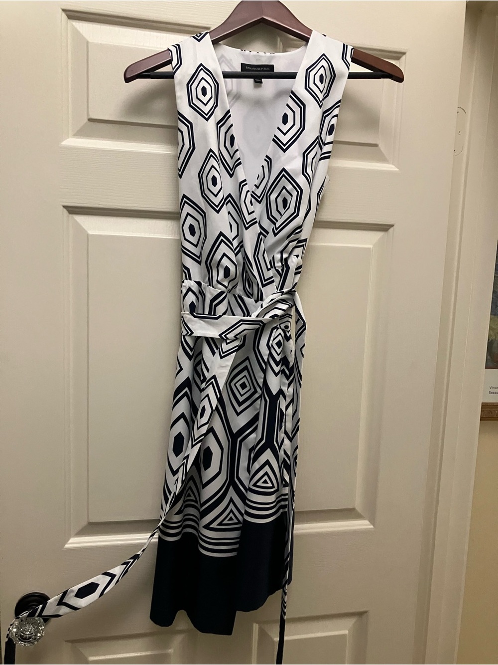 Banana Republic navy and White Geometric Midi Wrap Dress